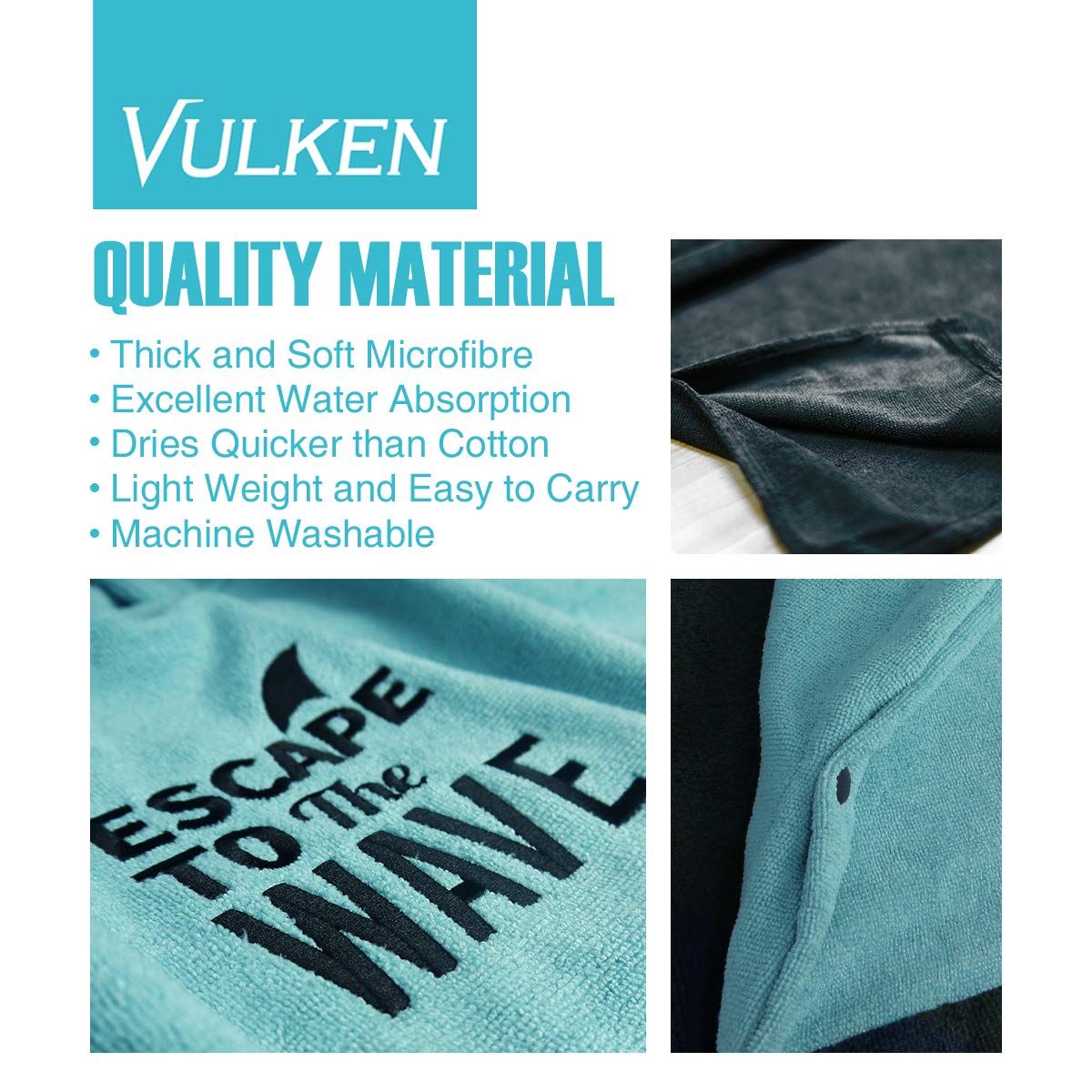 Vulken Extra Large Teal Blue Thick Hooded Beach Towel Changing Robe. Surf Poncho Women for Easy Change in Public. Quick Dry Microfiber Toweling for The Beach, Pool, Lake, Water Park. S/M