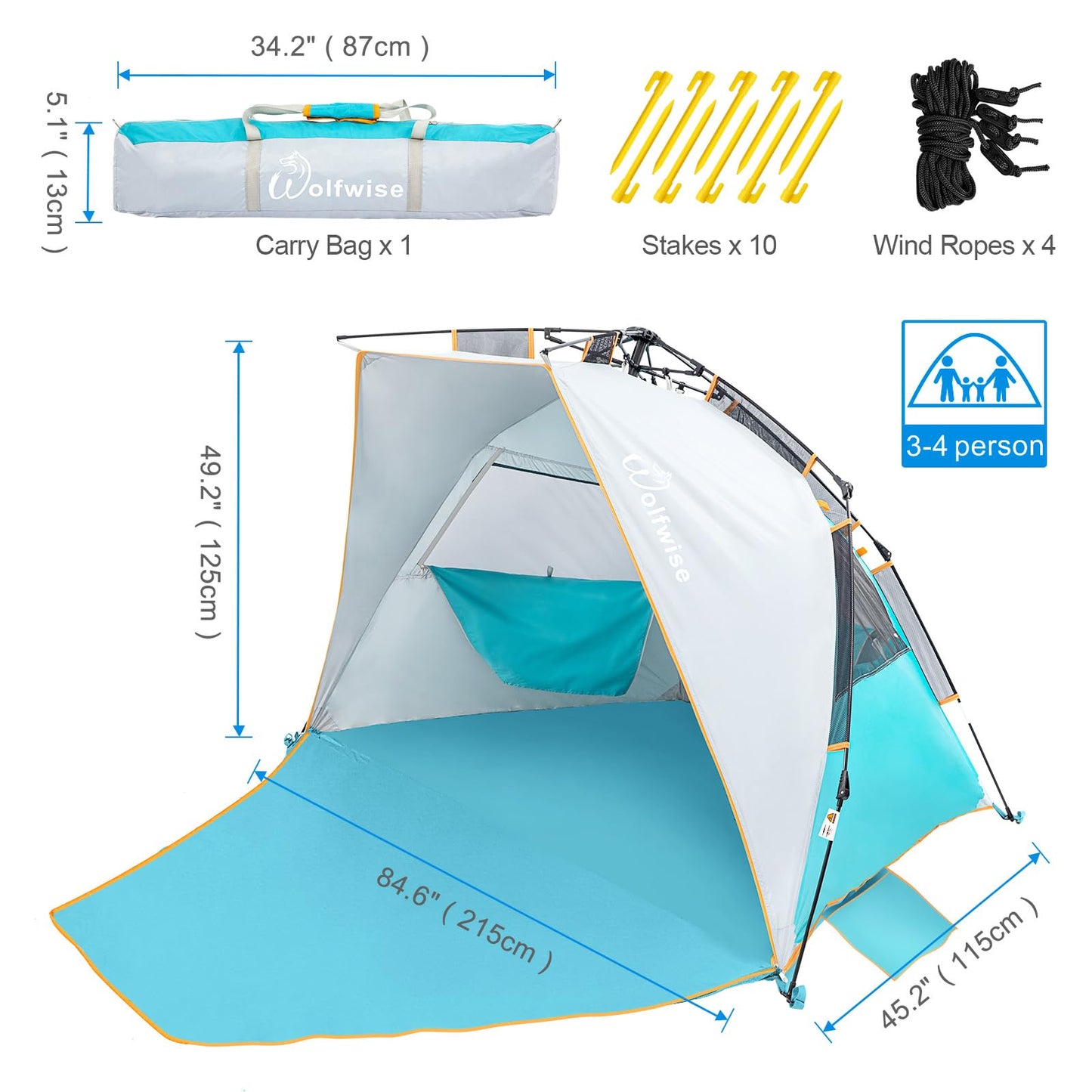 Wolfwise Instant Beach Tent Sun Shelter with Zippered Extendable Porch for Privacy, Portable with Carrying Bag, Easy Setup Pop up Beach Shade for 3-4 Person, 85 x45x49 IN, Blue