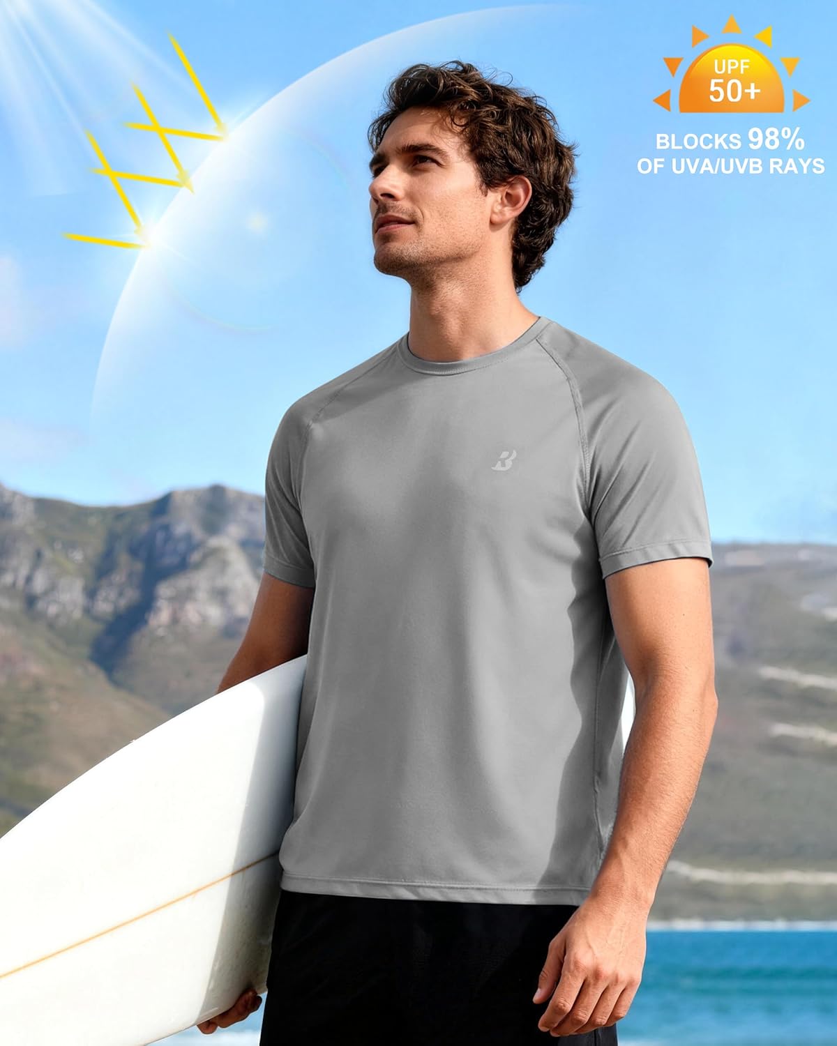 Roadbox Men's Rash Guard - Short Sleeve UPF 50+ UV Protection Swim Shirt | Quick Dry Beach T-Shirt