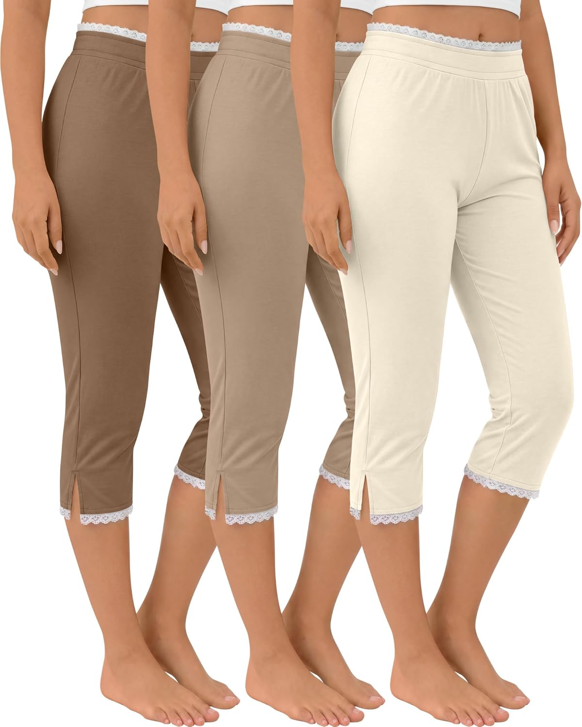 Oakgarden Women's Capri Leggings - Lace Trim Split Hem, Stretchy & Comfortable | 3-Pack Summer Casual Pants