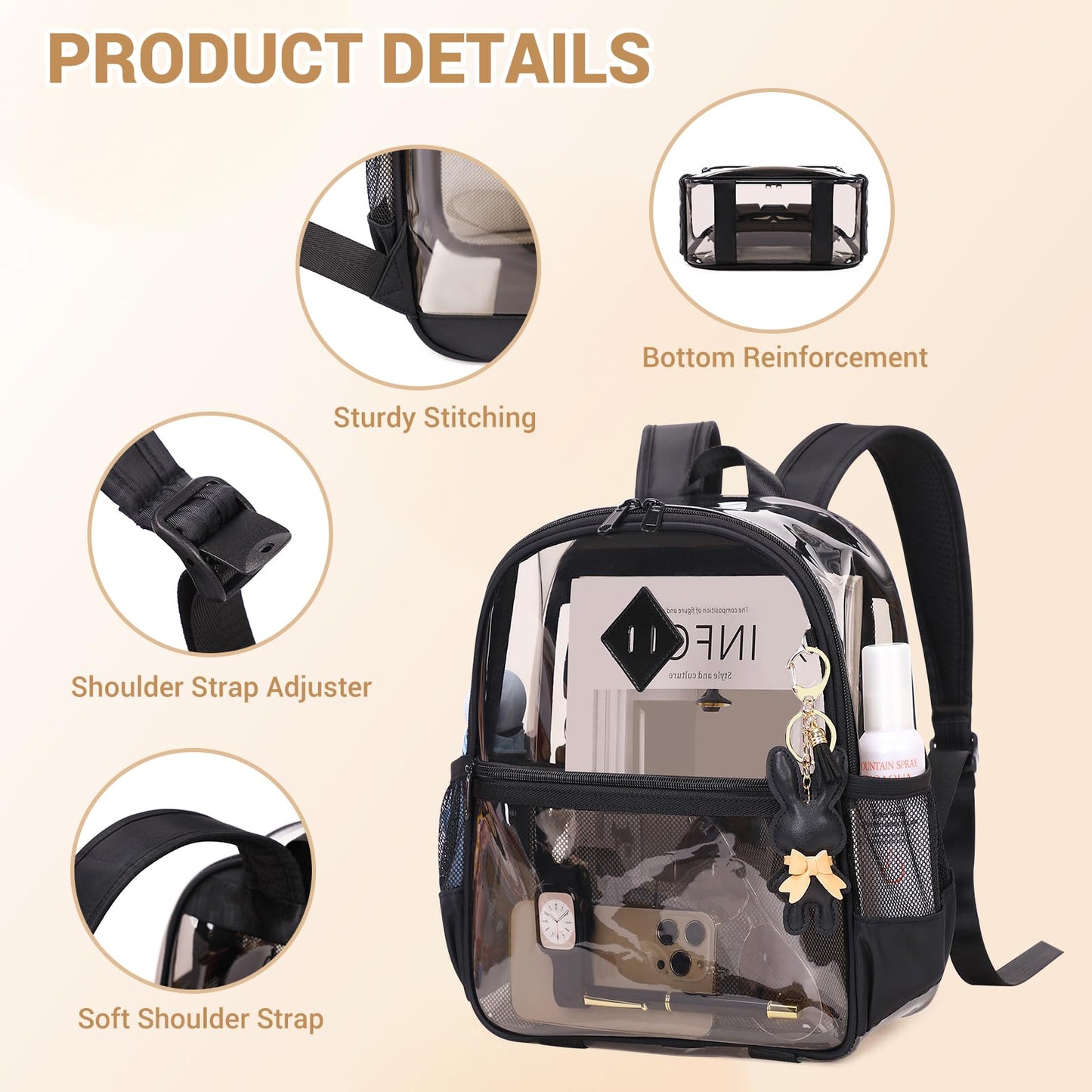 MUSEVOS Clear Backpack for Stadium Events Approved 12×6×12, Thick TPU Mini Clear Bag with Front Pocket for Concert Sport Events Work Travel, Black