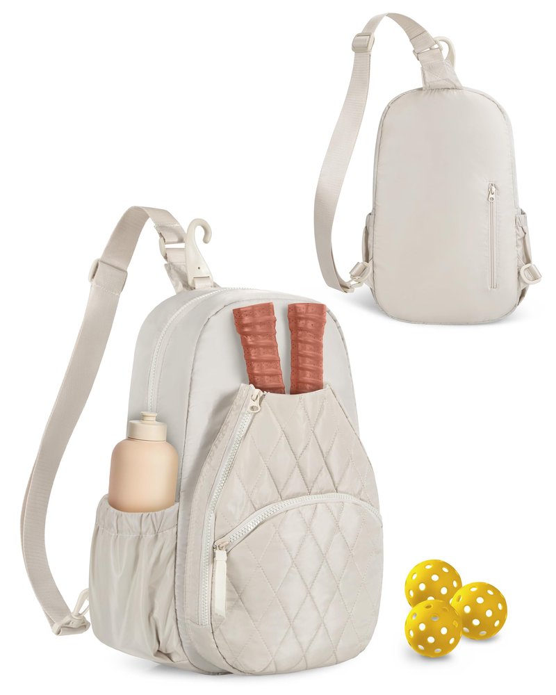 Prokva Pickleball Bag for Women - Quilted Crossbody Pickleball Paddle Bag Holds 4 Paddles, Lightweight Sports Gear & Travel Paddle Case, Beige
