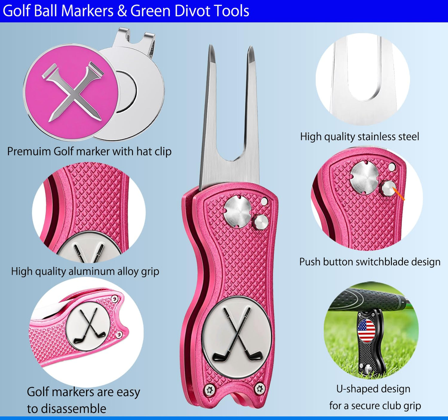 Adhere Golf Ball Markers & Divot Tools Personlized Enamel Ball Markers with a Magentic hat Clip,Unique Premium Golf Accessories Gift for Golfer. (E-Golf tees+Golf Club +Pink Divot Tools)