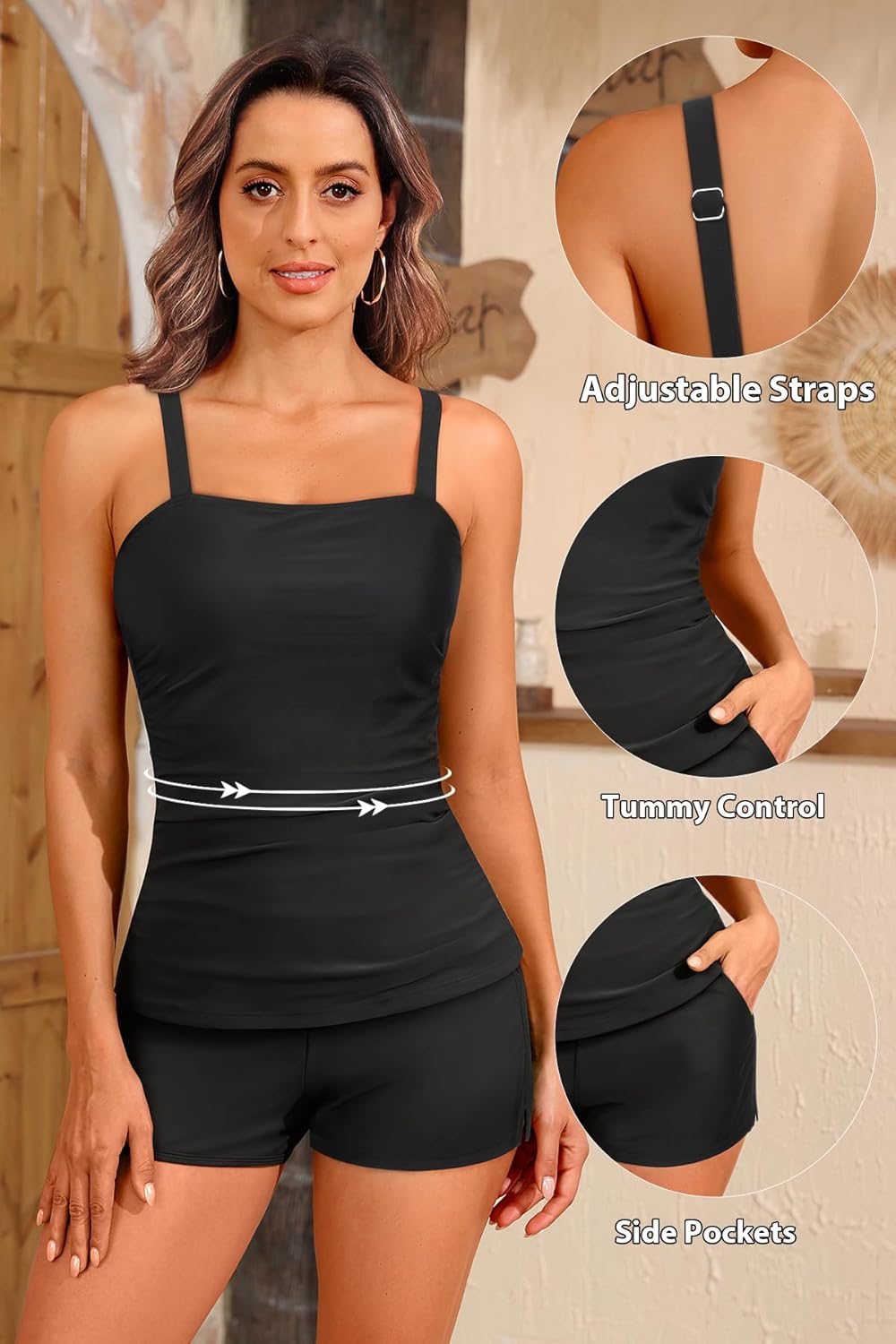 Skiennix Women's Tankini Swimsuit - Tummy Control Two-Piece Bathing Suit with Pockets & Boyshorts