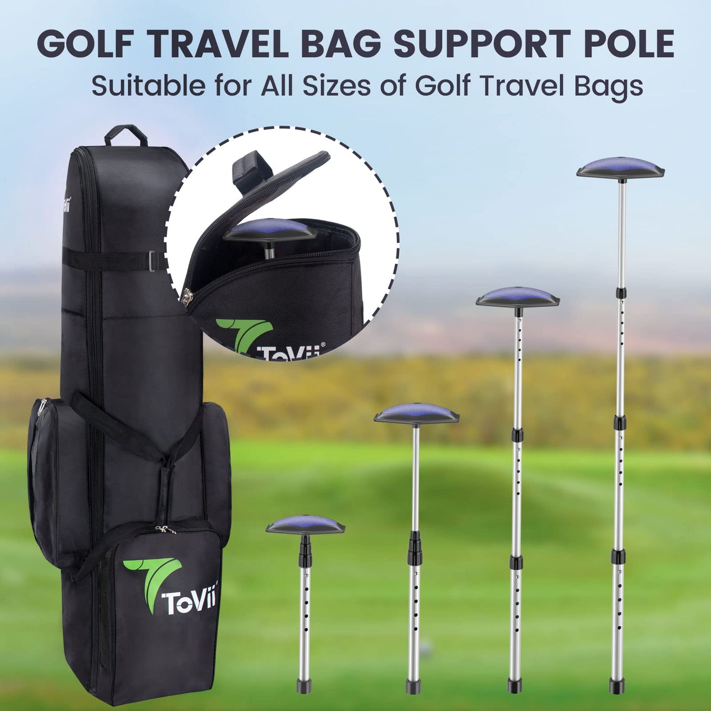 ToVii Golf Stiff Arm Club Protector, Sturdy Aluminum Alloy Golf Travel Bag Support Rod and Thickened Hexagon Support Top, Premium Golf Stiff Arm Travel Support System Protector Clubs (Blue)