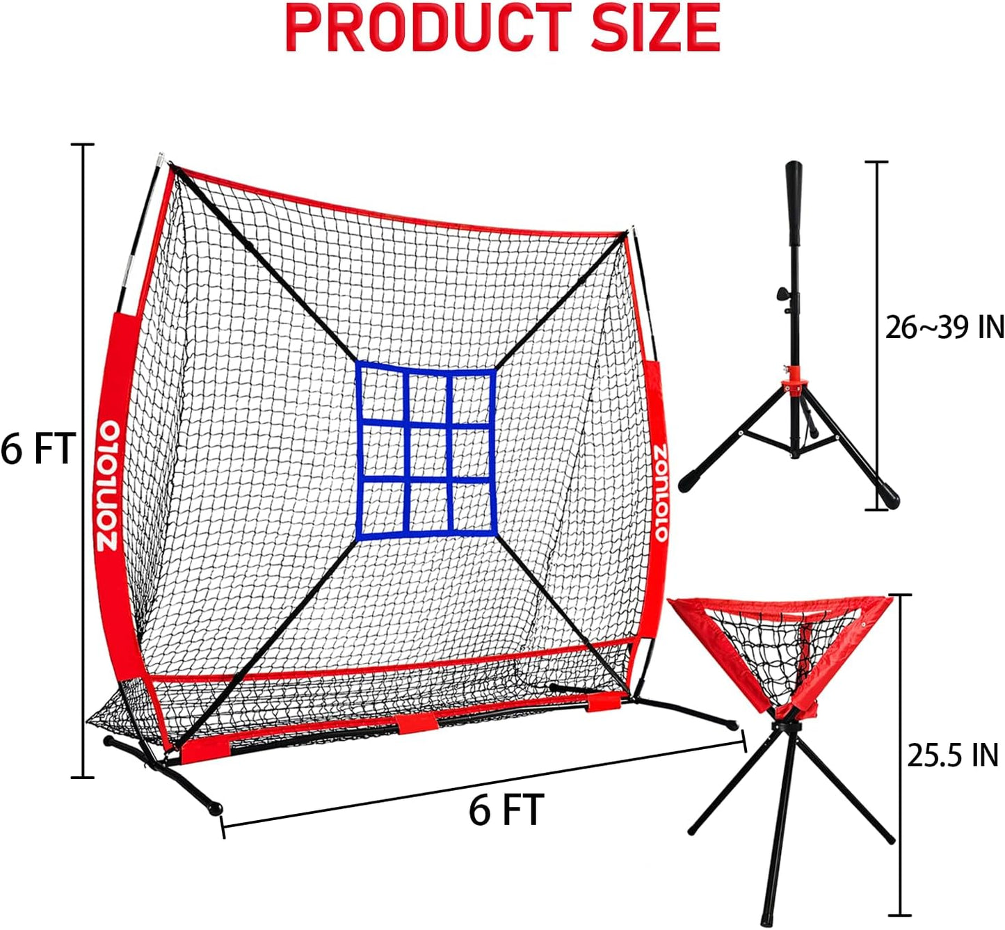 Skiennix Portable Baseball & Softball Net - Sturdy Bow Frame with Batting Tee & Ball Caddy | 6x6ft Size, Ideal for Kids
