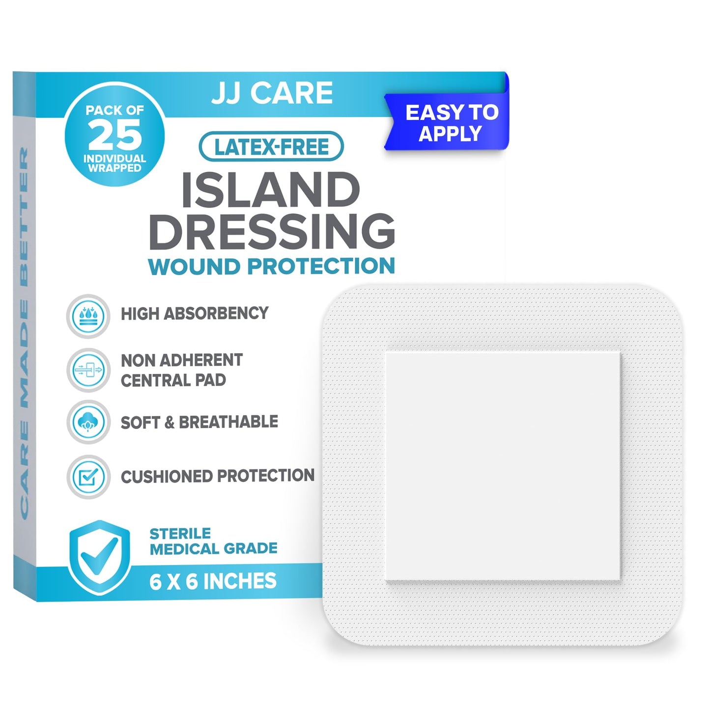 Adhesive Island Dressing [Pack of 25], 6x6 Sterile Bordered Gauze, Breathable Island Wound Dressing, Individually Wrapped Adhesive Gauze Bandages with Non-Stick Central Pad