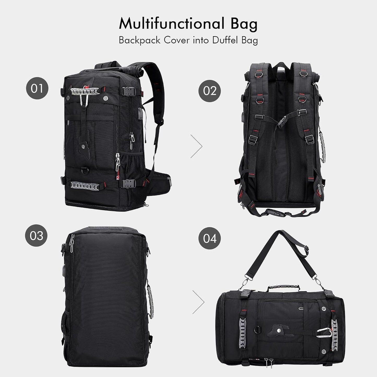 WITZMAN Travel Backpack - Convertible Duffle Luggage Bag for 17-Inch Laptop - Black