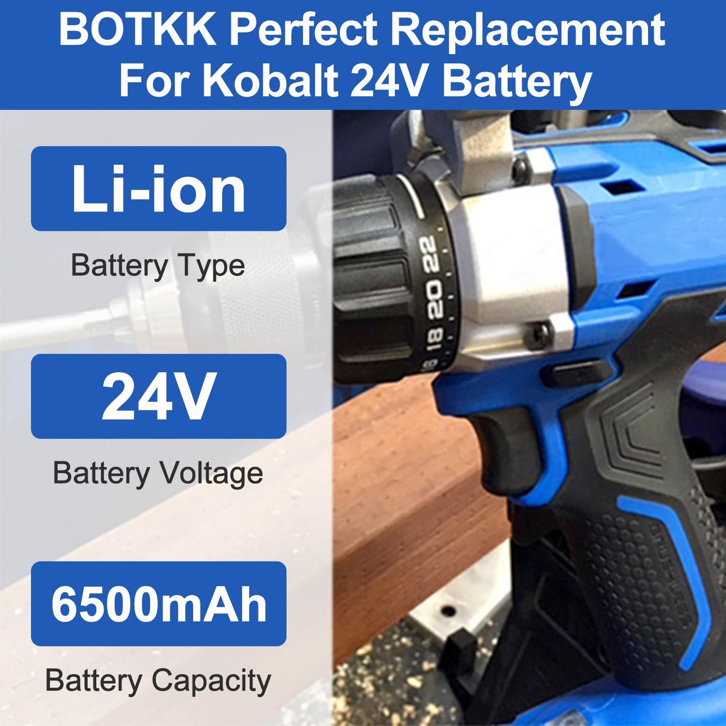 BOTKK 【Upgraded!】 6500mAh Replacement for Kobalt 24V Battery, Compatible with Kobalt 24 Volt Max Lithium Ion Battery KB624-03 KB524-03 KB424-03 KB224-03 KB124-03, 2 Packs