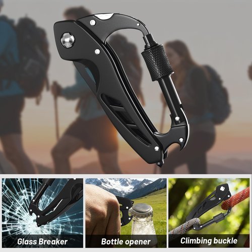 9 in 1 Multitool Carabiner with Pocket Knife, Stocking Stuffers Gifts for Men, EDC Carabiners with Folding Knives, Bottle Opener, Window Breaker and Screwdriver, Survival Gear for Camping Hiking