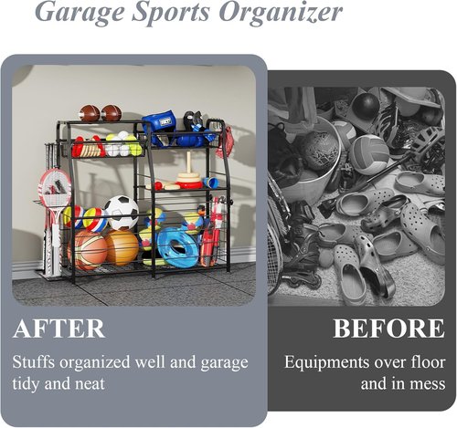 Garage Sports Equipment Organizer - Mobile Ball Storage Rack with Elastic Rope | Indoor/Outdoor Use, Black