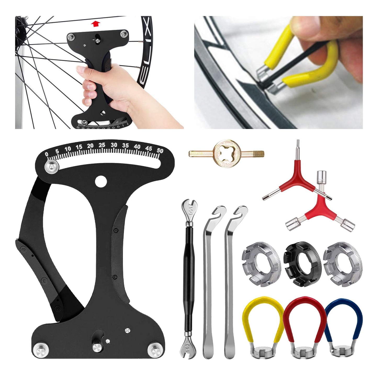 SWTHM 12Pcs/pk Bicycle Spoke Tension Meter Wrench Repair Tool Set, Bike Spoke Adjustment Bicycle Wrench Aluminium Alloy Wheel Repair Tool with Valve Wrench/Tire Lever/Hex/Socket Wrench/Spoke Wrench