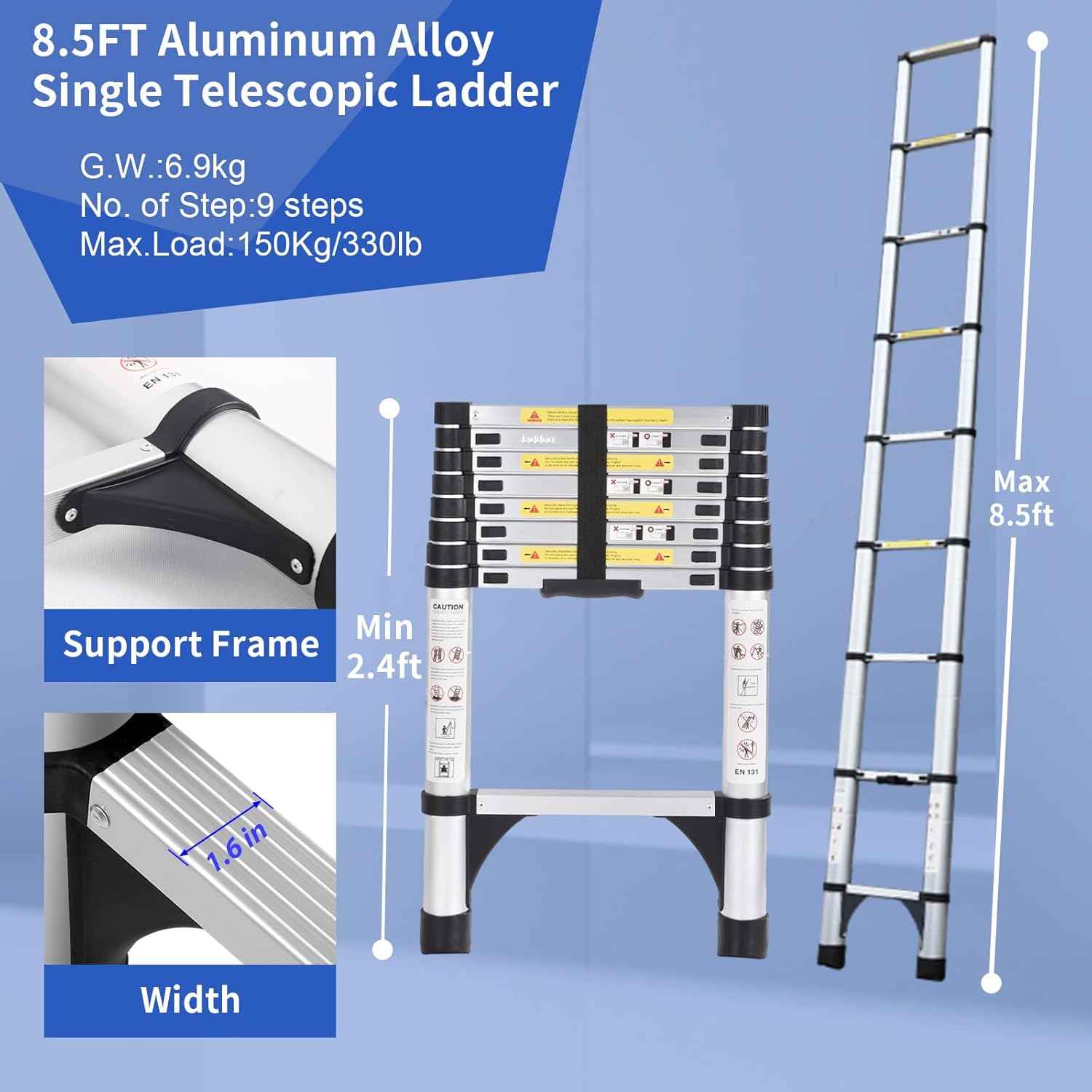 8.5 FT Telescoping Ladder - Lightweight Aluminum Extension Ladder with Stabilizers for Home & RV Travel