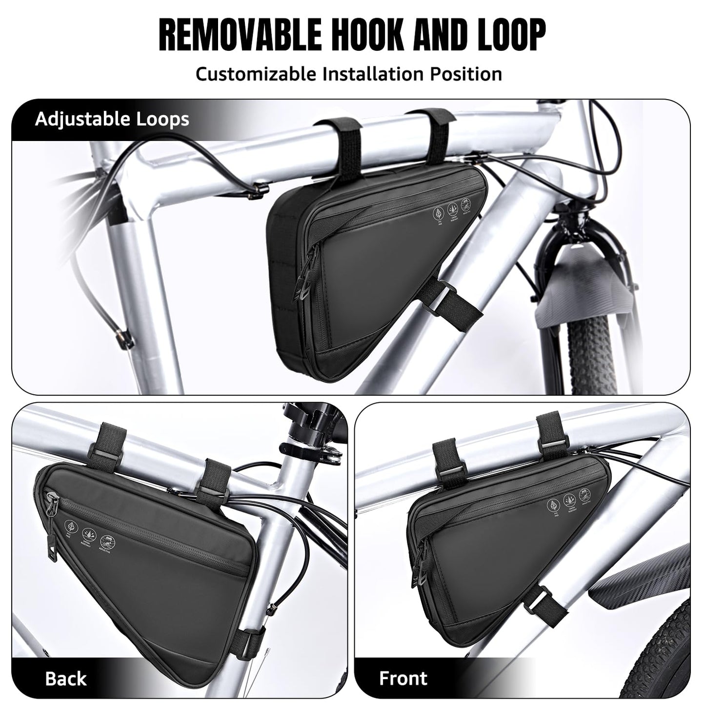 WOTOW Bike Frame Storage Bag, Water Resistant Reflective Bicycle Triangle Bag with Two Side Pockets, Strap-On Under Seat Tool Accessories Pouch for Mountain Road Bike Trip (2L)