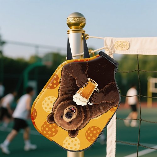 CUTHOLLOW 2PCS Bear Pickleball Paddle Cover with Rope & Zipper, 7.87"x11.81" Neoprene Scratch-proof & Machine Washable Racket Protective Sleeve, Compatible with USAPA Standard & Elongated Paddles