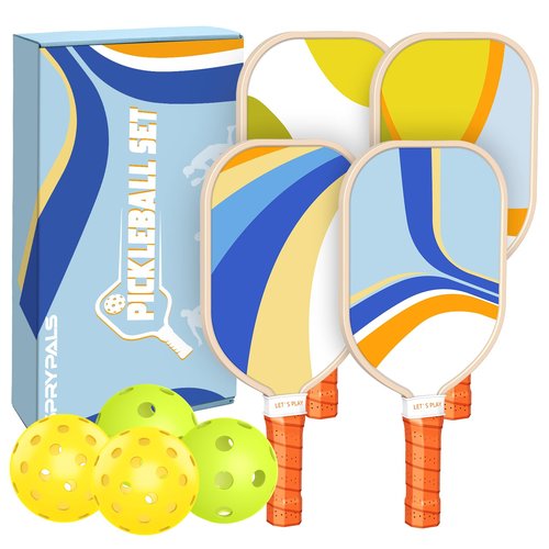 Pickleball Paddles Set of 4, Premium Wood with 4 Indoor & Outdoor Pickleball Balls and 1 Carry Bag, Pickleball Rackets with Ergonomic Cushion Grip for Beginner & Professional Gifts for Women Men Youth