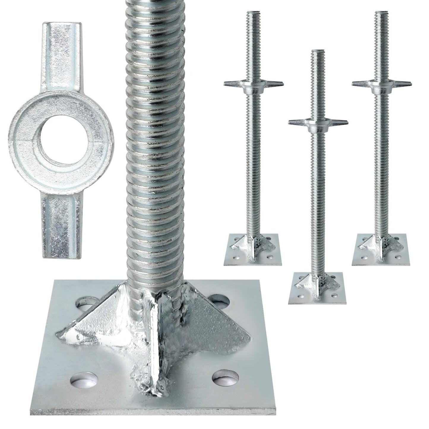 Reinforced Adjustable Leveling Jacks, 18.25" Solid Scaffolding Parts with Base Plate, 4 Pack Galvanized Silver Screw Jacks for Baker Style Scaffolding