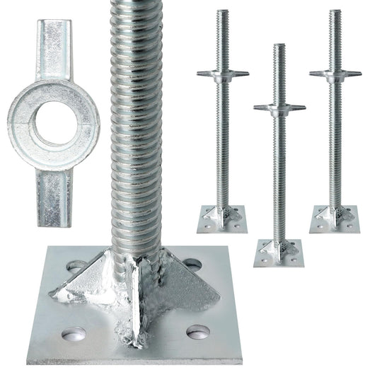 Reinforced Adjustable Leveling Jacks, 18.25" Solid Scaffolding Parts with Base Plate, 4 Pack Galvanized Silver Screw Jacks for Baker Style Scaffolding