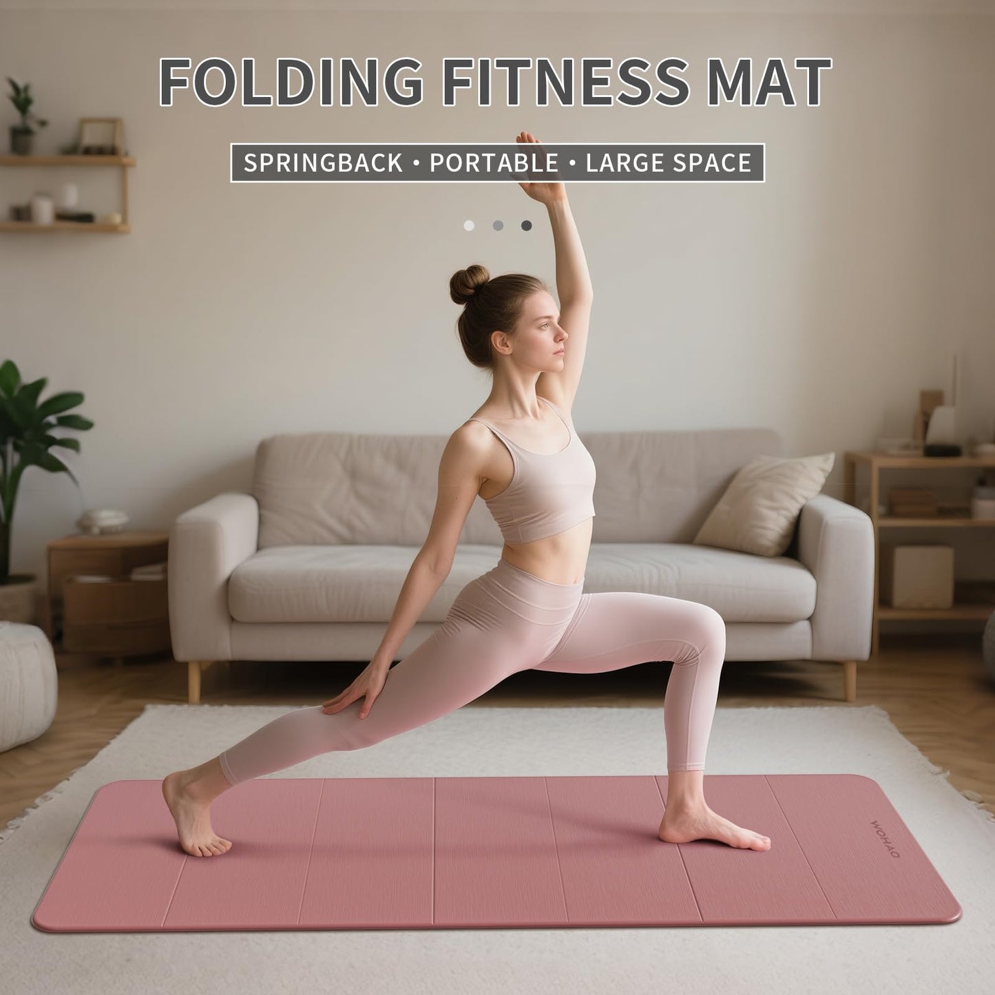 WOHAO Foldable Yoga Mat 70"x24" - Thickened TPE Non-Slip Exercise Mat for Home, Gym & Travel, Lightweight & Easy to Carry, Supports Pilates, Hot Yoga & Floor Workouts (Pink + Navy)