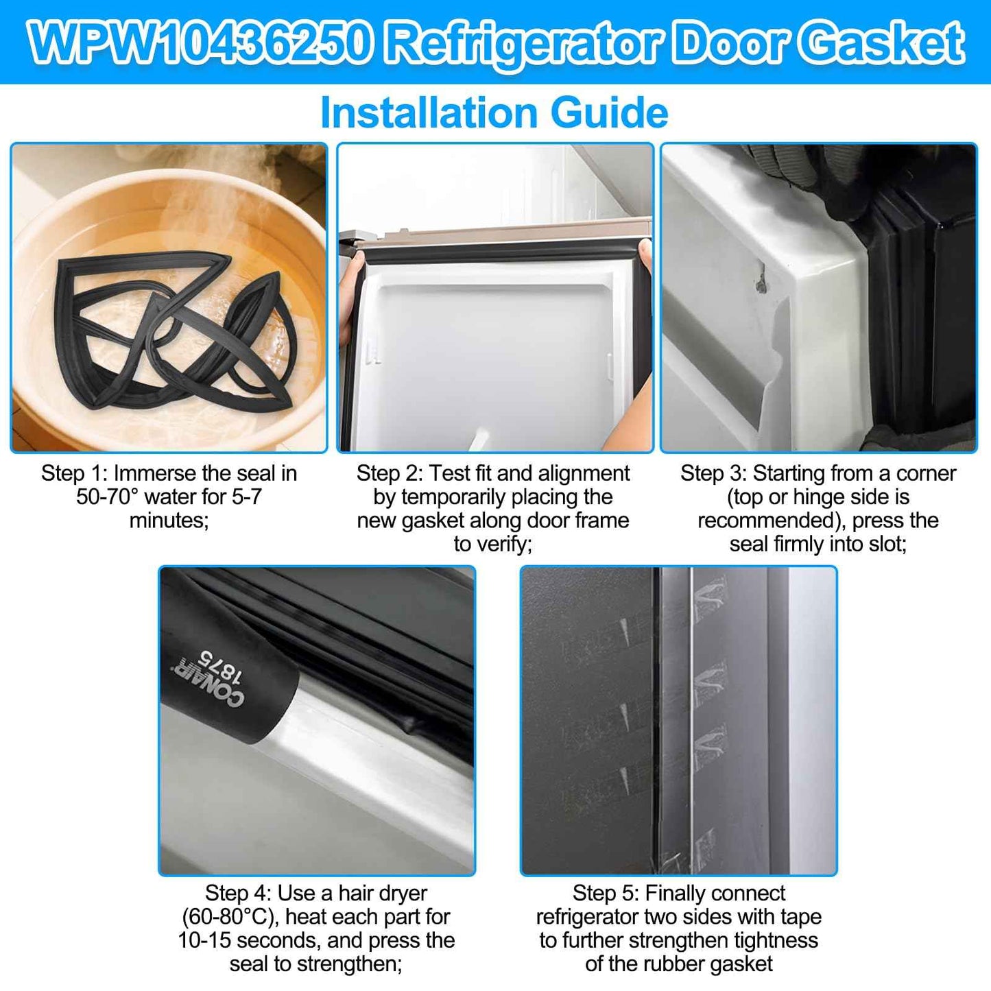 UPGRADED WPW10436250 W10436250 Freezer Door Gasket Compatible with Whirlpool Kenmore Amana KitchenAid Refrigerator Freezer Door Gasket W10130587 W10130589 W10164037 67003555 Freezer Door Seal, Black