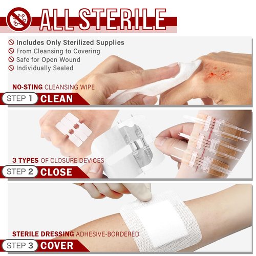 EVERLIT CARE Wound Closure Kit | 28 Pcs All-in-One First Aid with Suture-Free, Stitchless Zip Devices, Butterfly Bandages, for up to 6" Wounds | 100% Sterile Medical Supplies to Clean, Cover & Heal