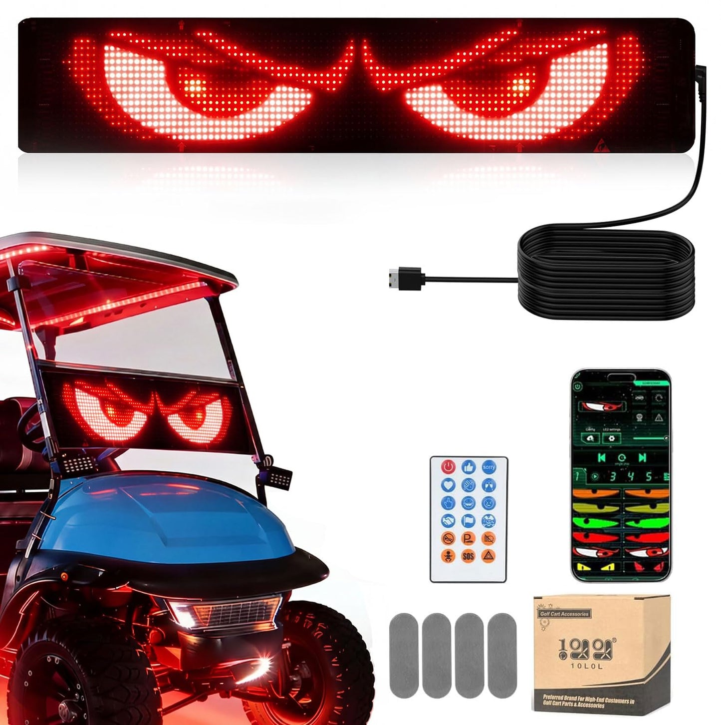 10L0L Golf Cart Devil Eyes Light Sign, 23x5in Programmable Flexible LED Screen for Windshield with App & Remote Control, High-Brightness Animated Scrolling Electra Eyes for Yamaha/EZGO/Club Car 1981-up