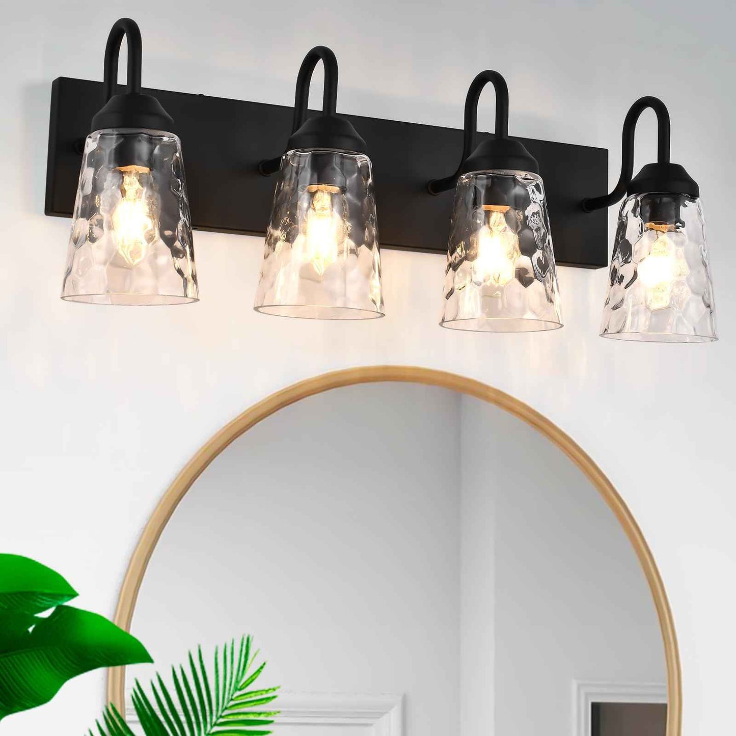 NOVCAND 4-Light Bathroom Light Fixtures, Coastal Vanity Lights with Crystal Glass Shade, Black Bathroom Wall Lamp for Mirror Kitchen Hallway Bedroom