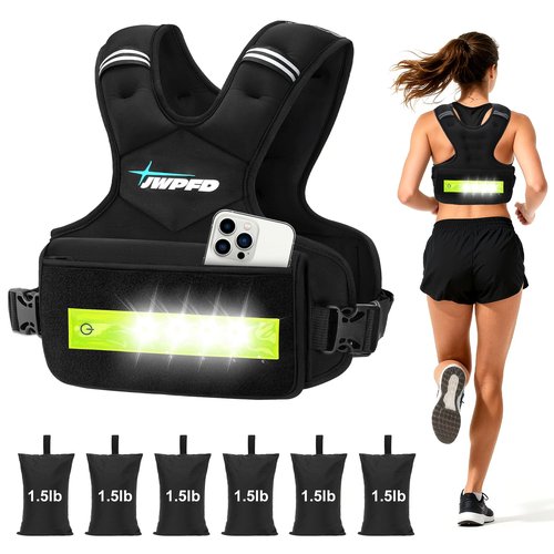 Adjustable Weighted Vest for Women Men, 6-15 Lbs/12-18 Lbs Rucking Vest with LED Light Strips, Weight Vest with 6 Ironsand Weights, and Zipper Pocket for Strength Training, Walking, Running Black