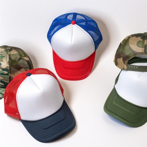 Classic Foam Trucker Hat Summer Mesh Cap Solid Two Toned Blank Foamhead hat for Mens Womens Adjustable Strap Light Weight (White/Royal/Red)