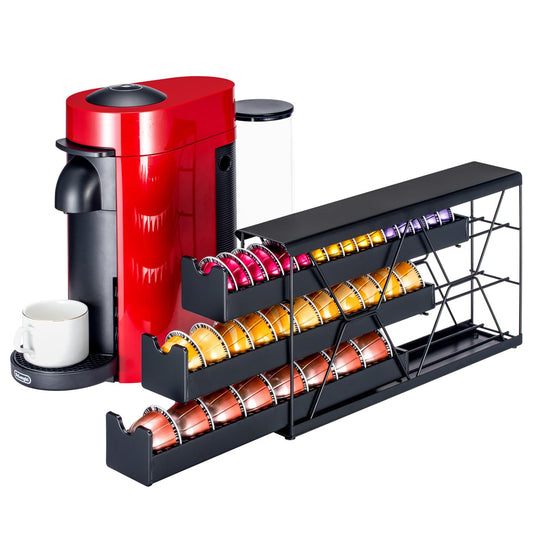 FlagShip 3-Tier Nespresso Pod Holder & Vertuo Coffee Capsule Organizer - Black Metal Space-Saving Storage Holds 30+ Pods Fits All Size Vertuo Pod