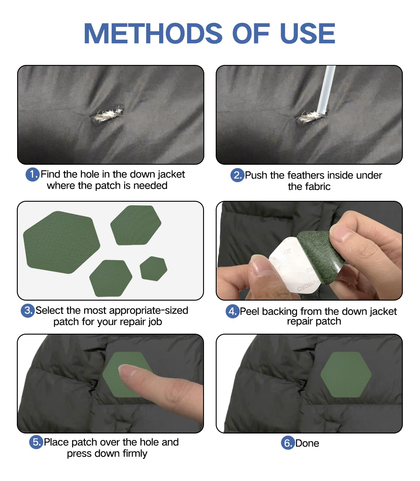 20Pcs Down Jacket Repair Patches Military Green Waterproof Self Adhesive Pre-Cut Nylon Repair Patches Kit for Jackets Coats Clothing Tents Sleeping Bags, Hexagon