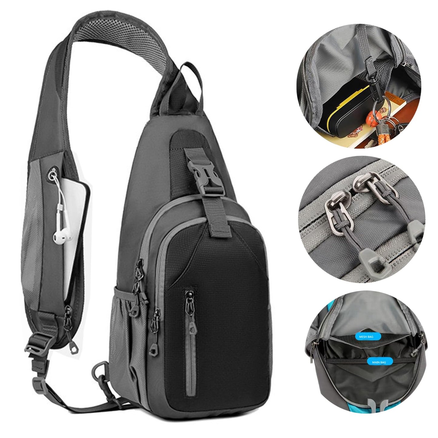 DAYELIVE Sling Bag for Mens Crossbody Bag Travel Sling Backpack Hiking Daypack Chest Bag Shoulder Bag, Large Cross Body Bag with Chest Phone Holder Black&Grey