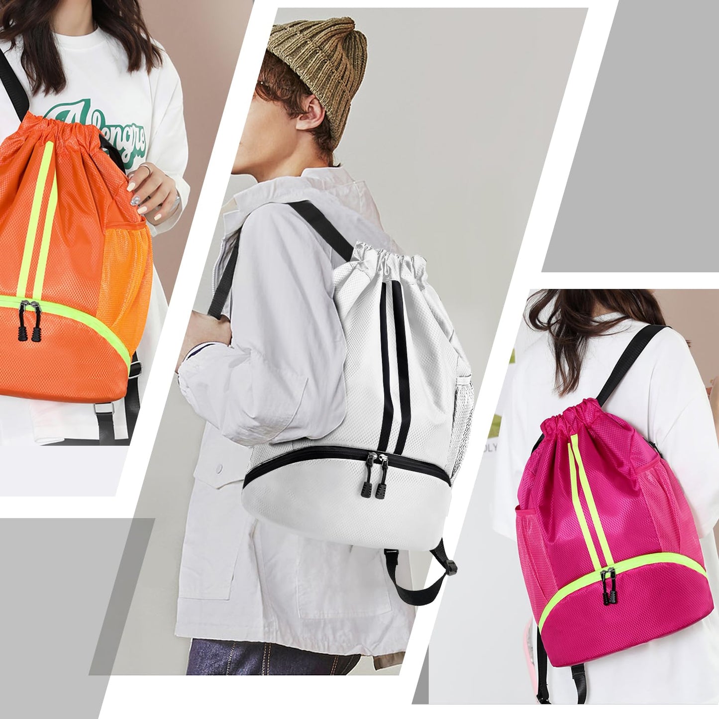Hoedia Sports Drawstring Backpack - Swim Gym Bag for Women and Men, White