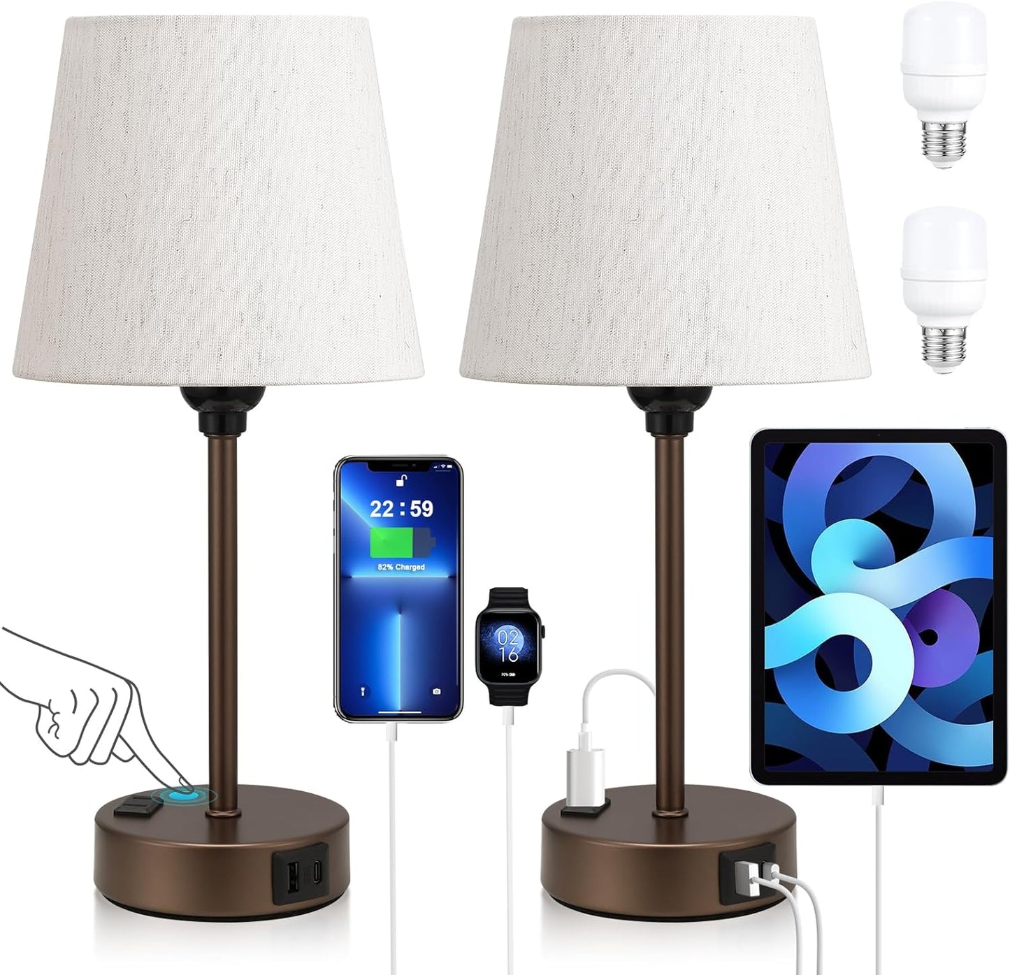 Set of 2 Mini Bedside Lamps with USB-C & AC Outlet - Dimmable Touch Nightstand Lights for Bedrooms