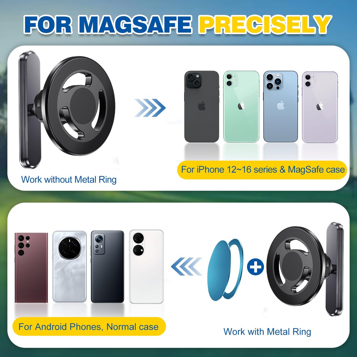 Magnetic Golf Cart Phone Holder, Alloy Phone Mount, Compatible with MagSafe iPhones Series and All Non-Magnetic Phones Fits Gym, Club Car, Golf Cart, Essentials Gift for Man and Woman(Black)