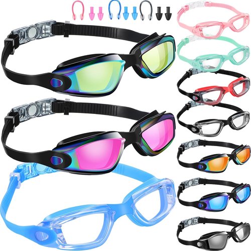 Konohan Swim Goggles - 10 Pack Anti-Fog, No Leak Silicone Glasses with Ear Plugs & Nose Clips for Pool Use