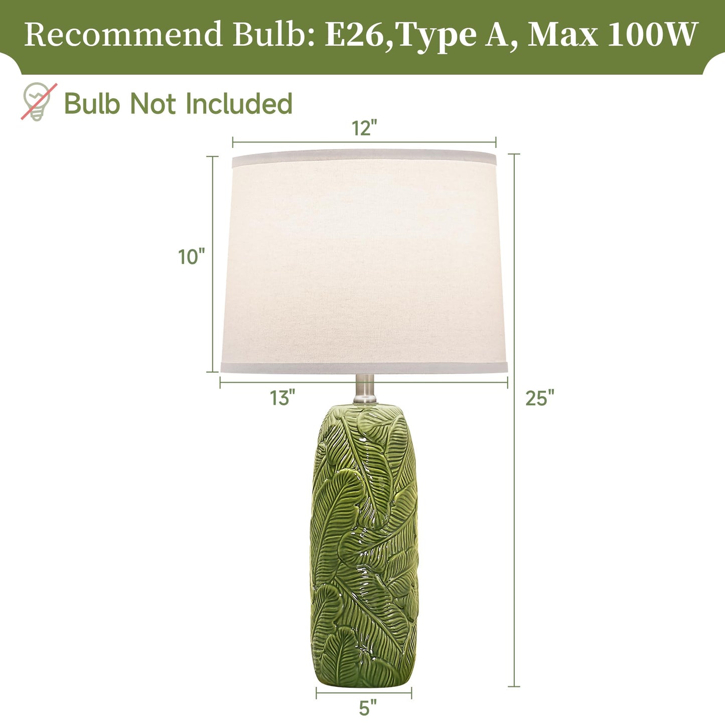 EUO 25” Green Lamps Set of 2 with Leaves Design for Living Room, Bedroom, Retro Ceramic Table Lamps for Nightstand Set of 2