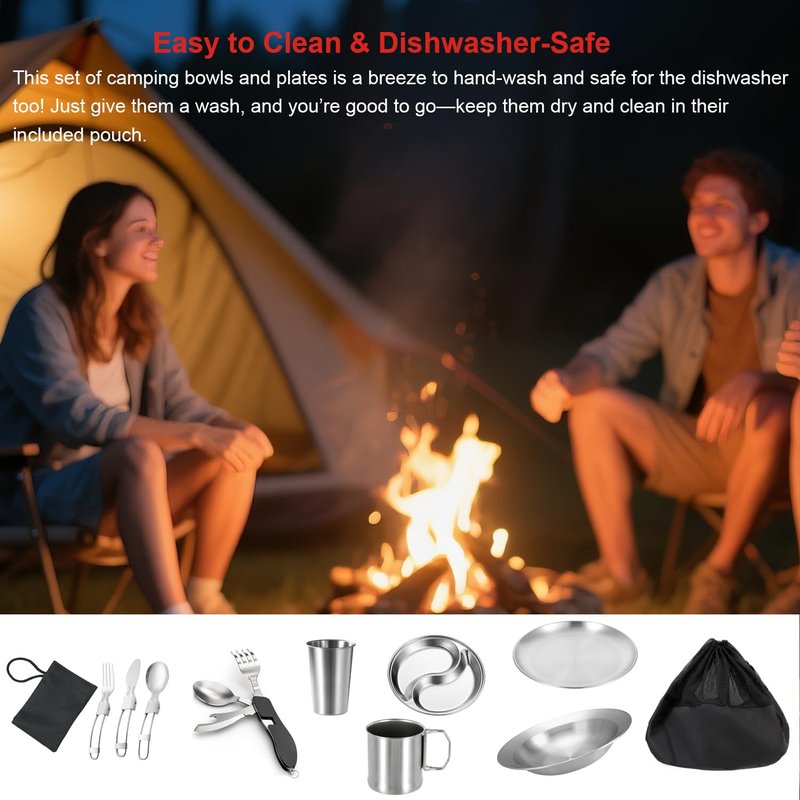 Mess Kit for Camping 1 Person, Reusable Camping Dish Set, Stainless Steel Camping Plates, Camping Dish Set with Mesh Bag Easy to Carry or Put in Backpack