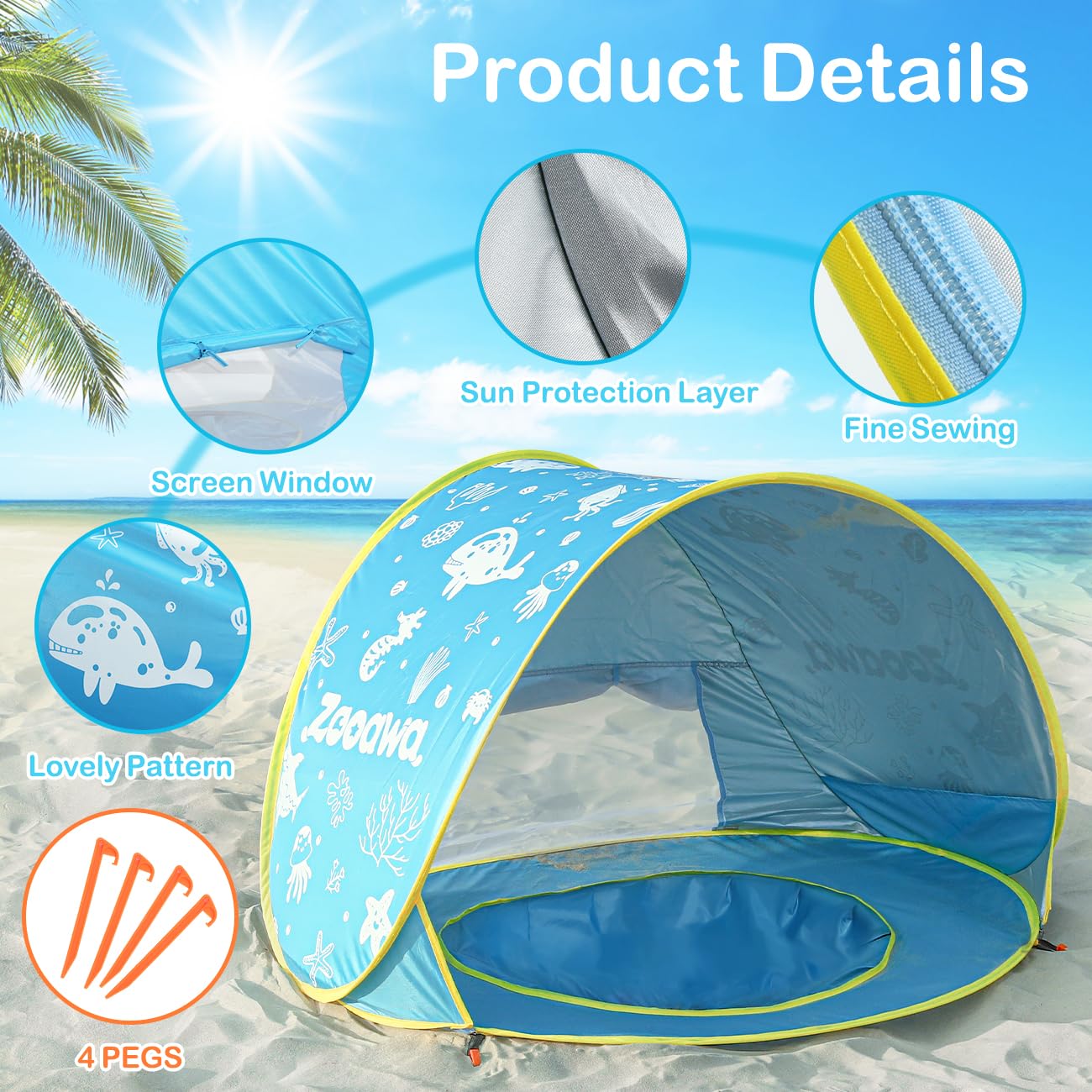 Zooawa Baby Beach Tent, Pop Up Beach Tent Sun Shade for Beach, Portable Shade Pool UV Protection Sun Shelter for Infant with Beach Sand Toys Set, Blue