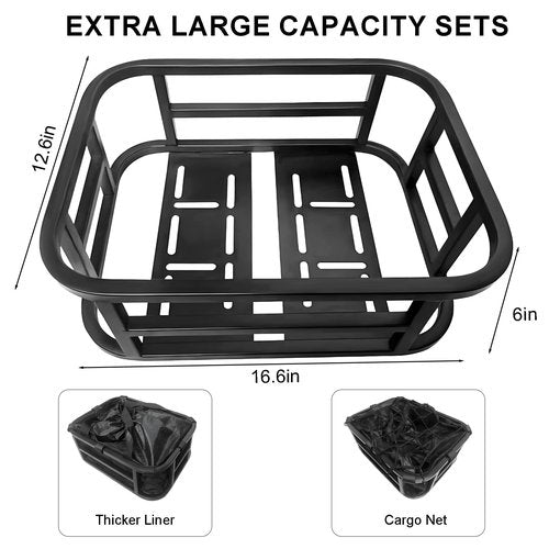WCYQONOO Large Rear Bike Basket with Cargo Net, Liner & Waterproof Cover - Heavy Duty Rack for Carry Groceries, Balls, Pet Dogs on Bicycle & E-Bikes,Travel and Commuting Use,Capacity: 30 Liter