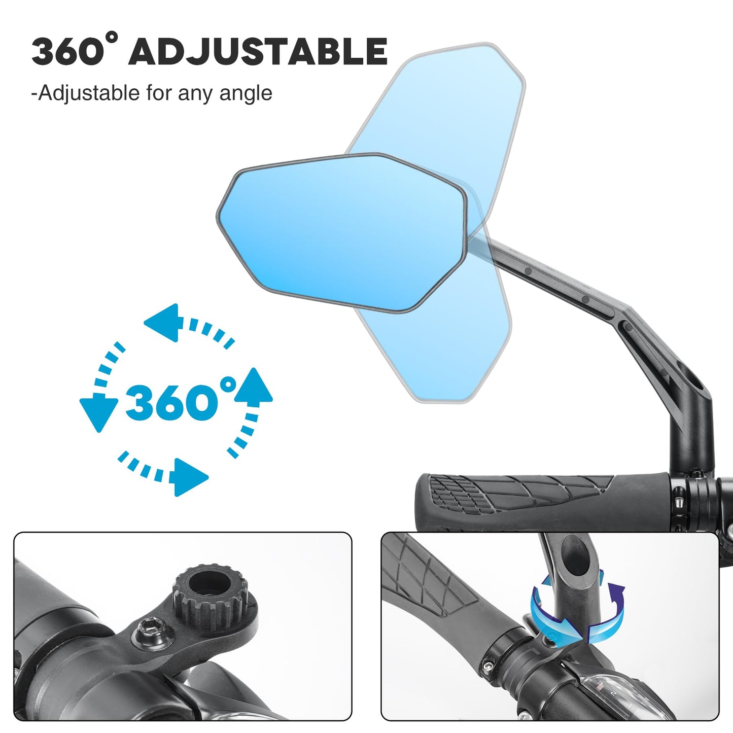 JJZOUEN 2026 Bike Mirror Handlebar Mount, Rotatable Bicycle Rear View Mirrors, Scratch Resistant Convex HD Glass, Safe Bike Rearview Mirror for MTB, E-bike, Road Bike Accessories, Fit 20-23mm