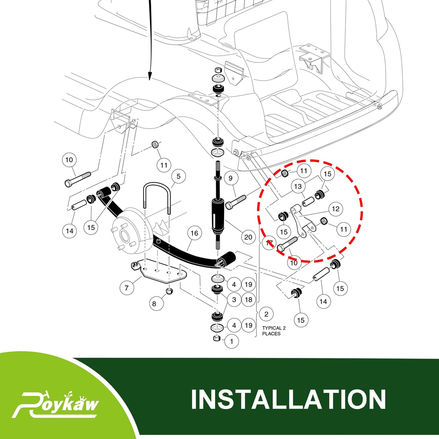 Roykaw Club Car Rear Shackle with Bushing & Sleeves Kit for Precedent 2004-Up Gas & Electric Golf Cart Models, Replaces OEM # 102506201, 102506301, 102506601