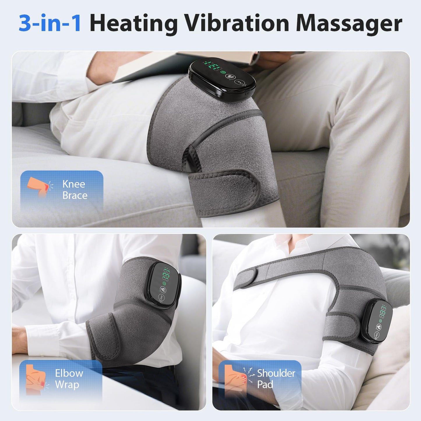 Heated Knee Massager, Foot Massager with Heat, Shoulder Massagers with Heat, Knees Warmers Wrap, 3-in-1 Vibration Heating Pad for Knee, Shoulder, and Elbow, Adjustable Size (Grey)