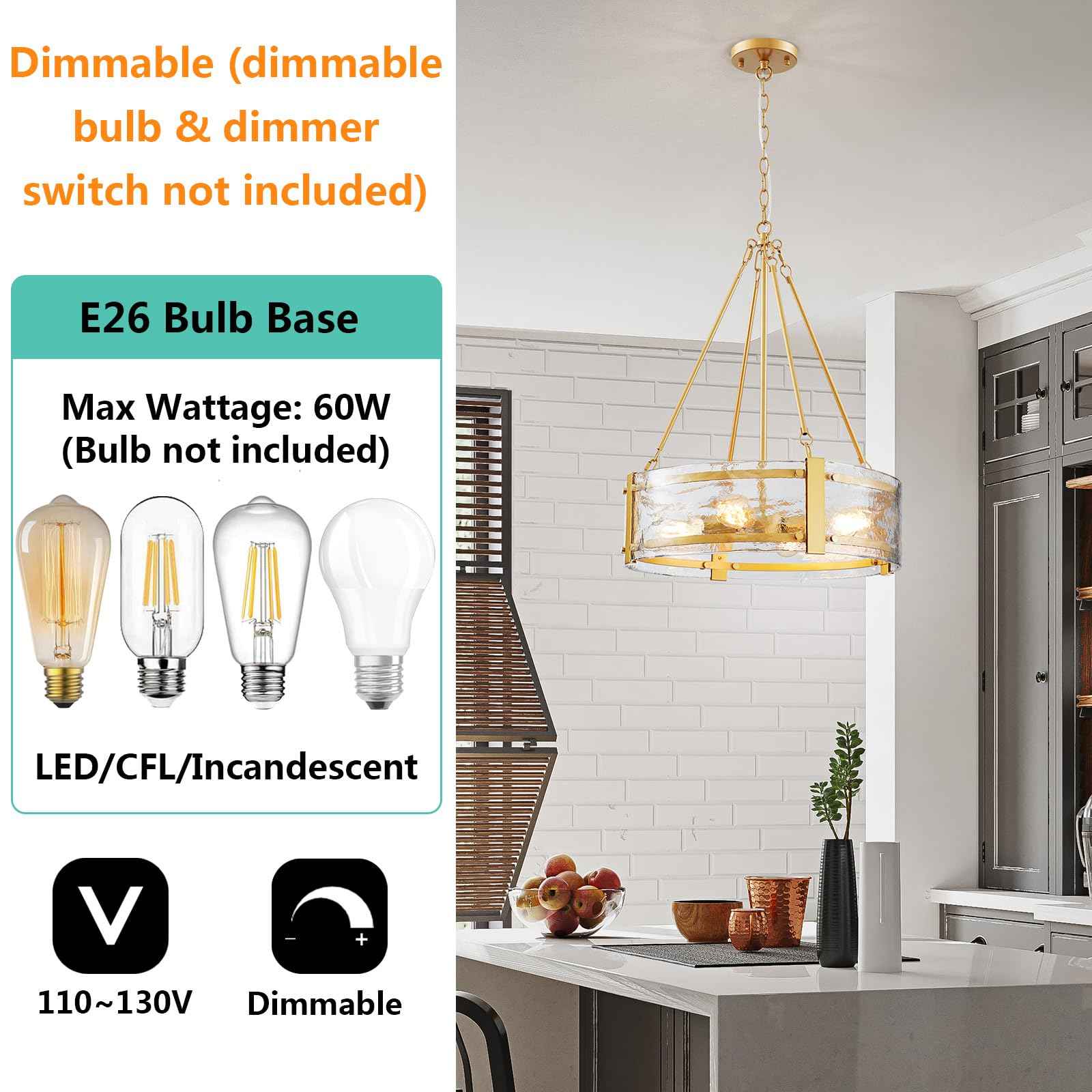 GlowEasely Modern Ripple Galss Chandelier, 4-Light Water Glass Pendant Light | Ribbed Glass, D20 * H29.5~78.2inch Height Adjustable, Fit for Dining Room, Living Room, Bedroom, Hallway, Kitchen, Foyer