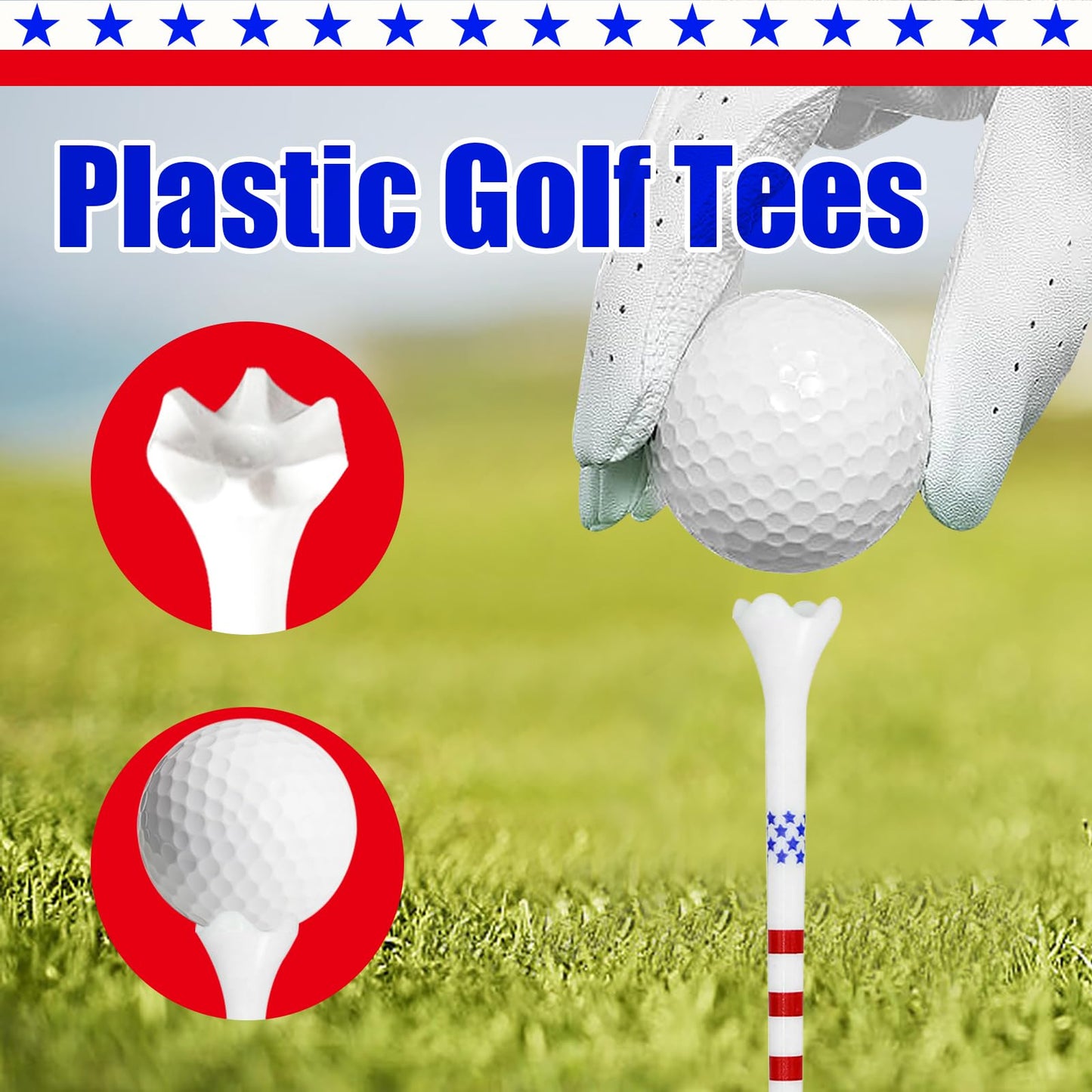 Dukars Plastic 3 1/4 Unbreakable Performance Golf Tees, Stars and Stripes, 100 Count (Stars and Stripes, Plastic)