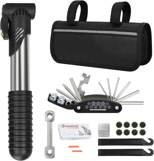 Bike Repair Tool Kit Bicycle Repair Bag with Tire Pump, 16-in-1 Bike Multitool Kit for Mountain Road, Bicycle Tire Repair Kit, Multitool Bicycle Accessories for Road Mountain Bike