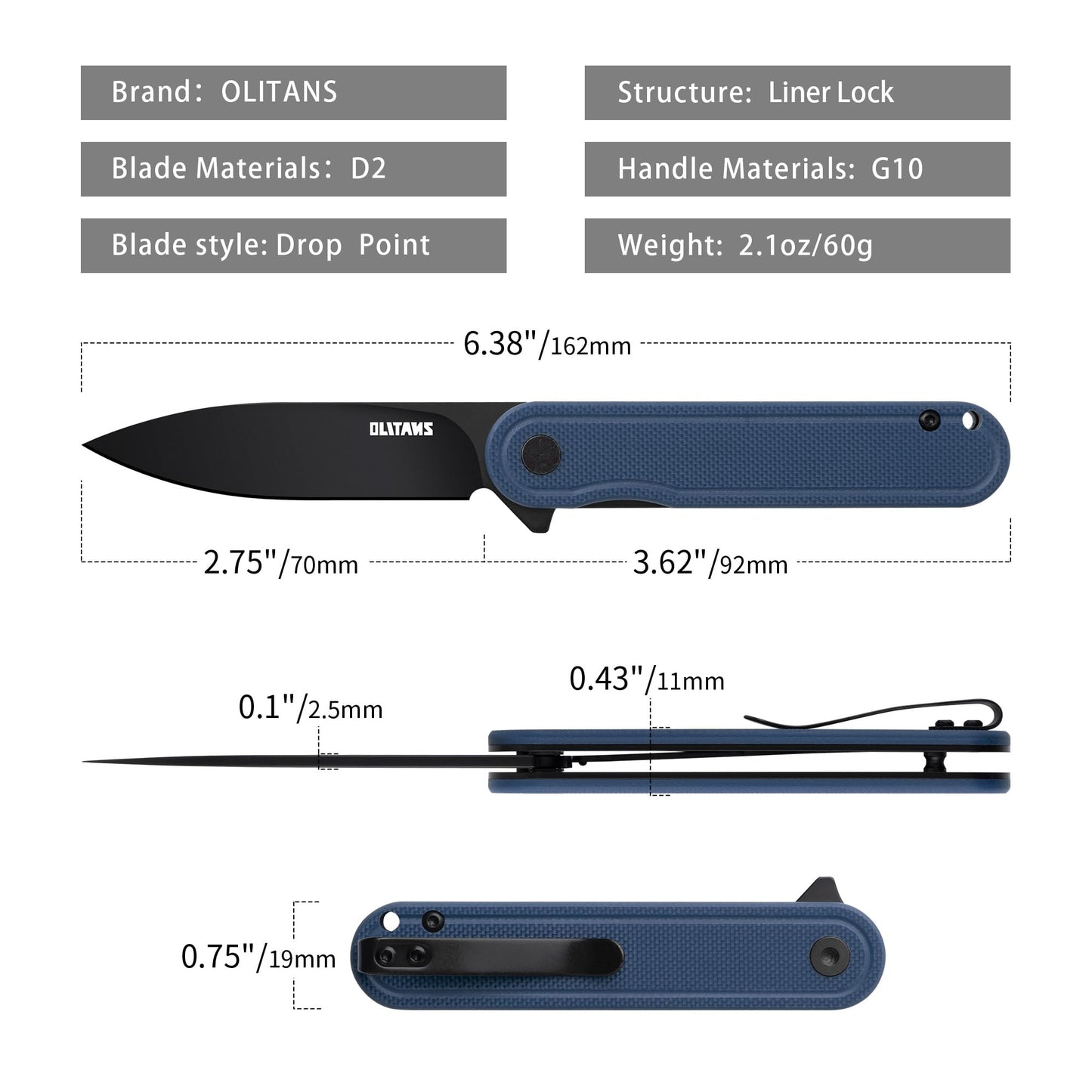 OLITANS G040 Pocket Knife, 2.75'' D2 Steel Blade G10 handle, Small EDC Knife with Pocket Clip for Men Women, 2.1oz