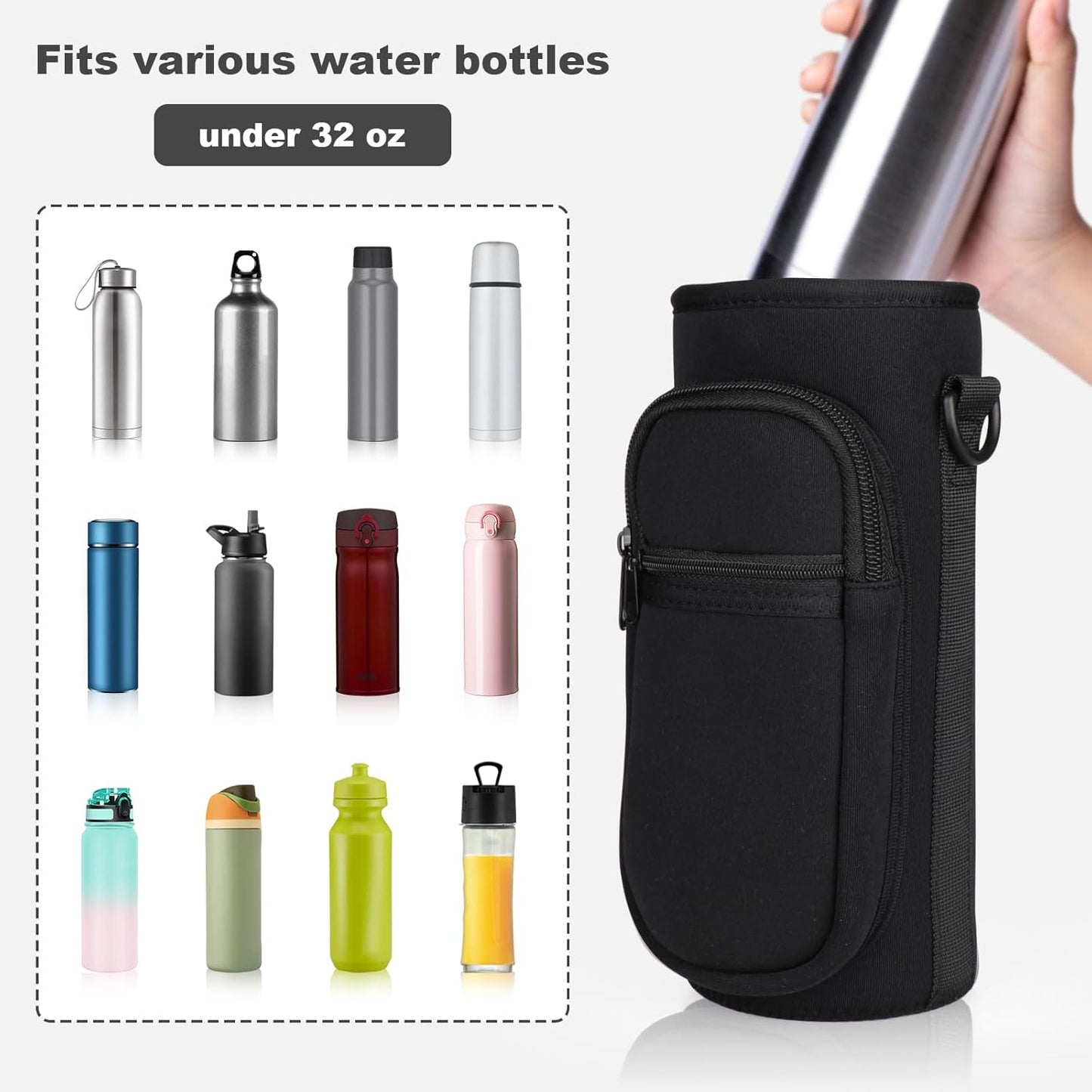 Skiennix Water Bottle Holder - Insulated Neoprene Carrier with Phone Pocket | Fits 32/40 oz for Hiking & Gym