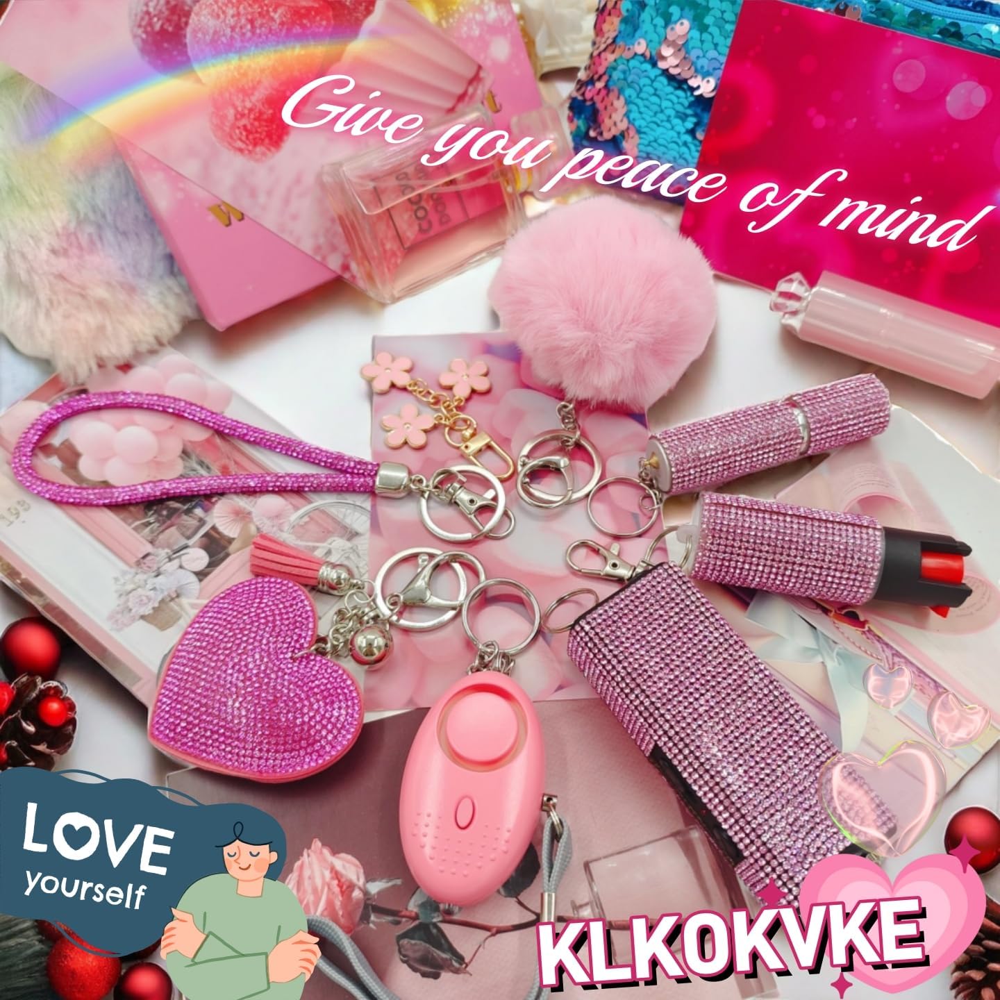 Skiennix Gift Keychain Set - Stylish Heart Accessory with Wrist Strap & Pom Pom | Perfect for Women