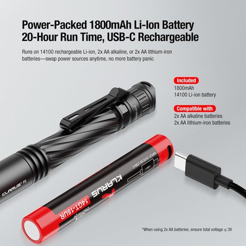 klarus P2 Tactical Pen Light: 1000 Lumens, 886ft Throw – 2AA or USB-C Rechargeable (Battery Included), IPX8 Waterproof, Small EDC Flashlight for Pocket, Office, Home, Security